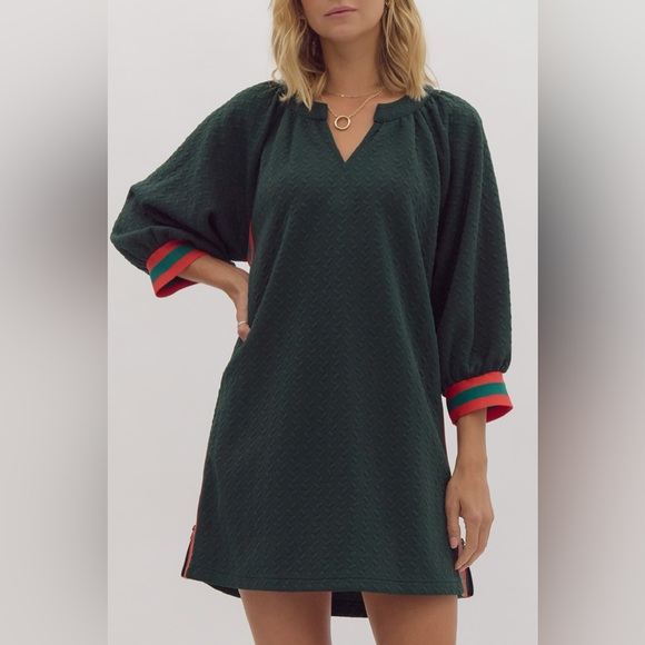 New! Entro Embossed Side Stripe Puff Sleeve Dress Green Red Split Neck Small - Picture 1 of 13
